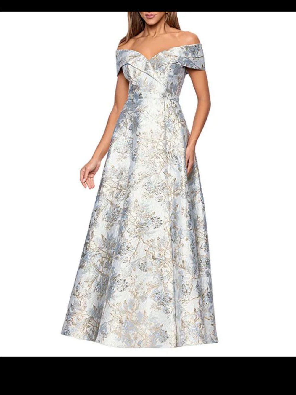 NWOT Xscape One-Shoulder Metallic Floral Evening Gown in Light Blue and Silver